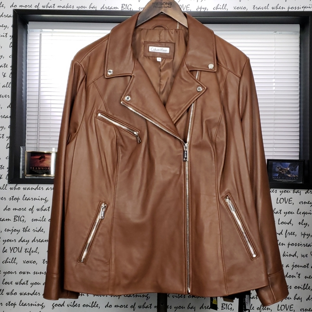 💥NEW💥 Womans Calvin Klein Brown Leather Coat